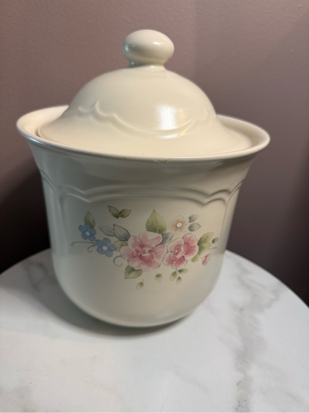 Pfaltzgraff Cream Tea Rose Ceramic Canister with Pink and Blue Flowers